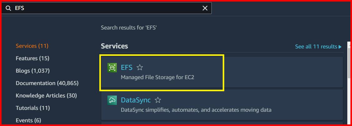 Picture showing searching EFS in AWS console